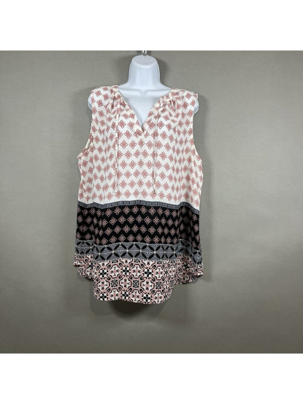 Ann Taylor Pink Geometric V Neck Tie Neck Sleeveless Top